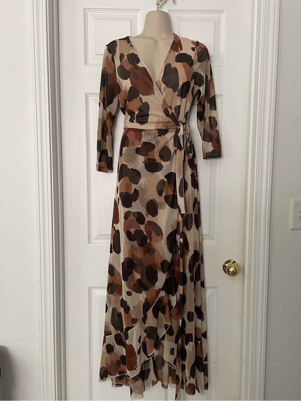 G by Giuliana Neutral Brown and Tan Abstract Wrap Maxi Dress
